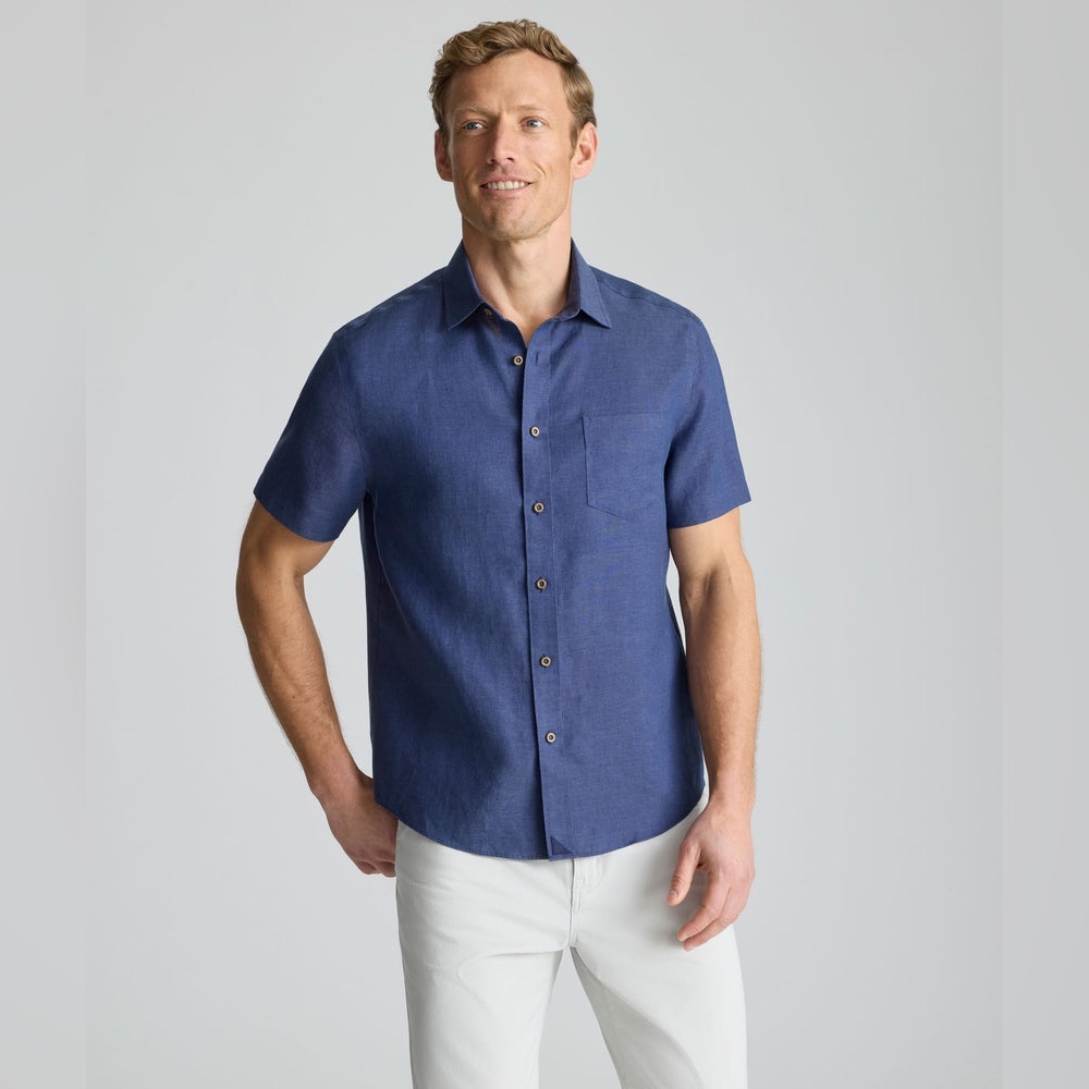 NWT UNTUCKIT Wrinkle-Resistant Linen Short-Sleeve Cameron Shirt in Navy